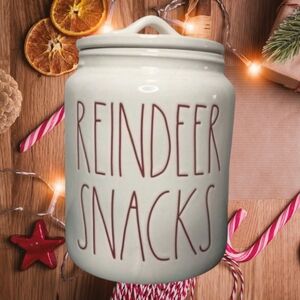 NEW Rae Dunn Christmas REINDEER SNACKS Cookie  Canister White w/ Red Letter